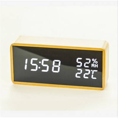 Wholesale bamboo clock Eco friendly wake up alarm clock bamboo alarm clock with humidity fashion mirror face korean style